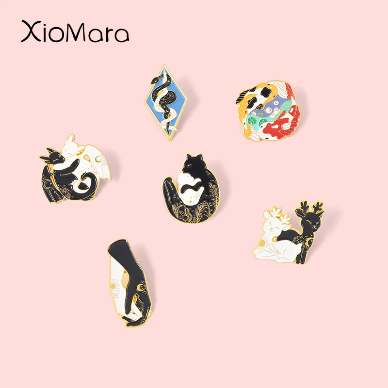 

Hugging And Hold Hands Enamel Pins Custom Starry Sun Moon Deer Dragon Snake Koi Good Luck Brooch Lapel Badge Lovers Jewelry Gift