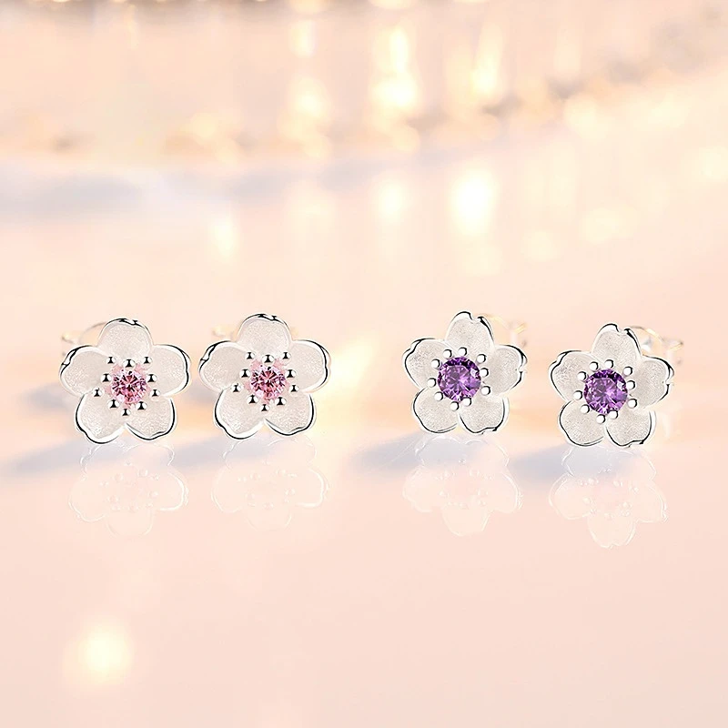 

KERLA Cherry Flower Blossoms Flower Crystal Stud Earrings Silver Color Ear Studs Women's Fine Jewelry Mother's day Birthday Gift