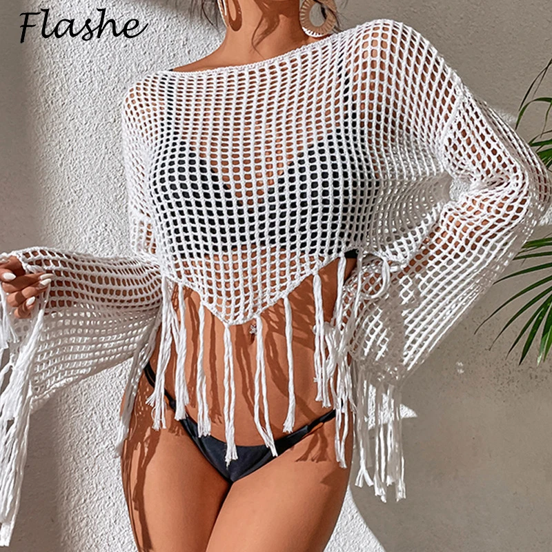 

Summer Beach Cover Up Tops Women O Neck Hollow Out Long Sleeve Bikini Cover Ups Tassel Crop Tops Beachwear