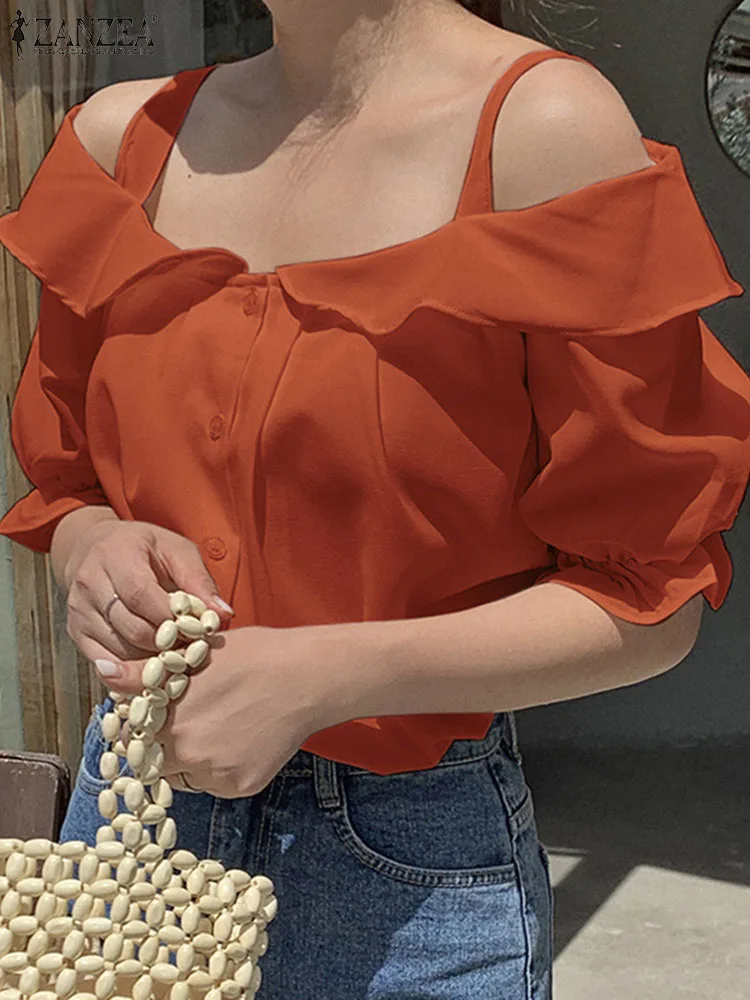 

Винтажная Корейская блузка ZANZEA 2022, модные милые топы с открытыми плечами и рукавами-фонариками, милые праздничные рубашки с эластичными ман...