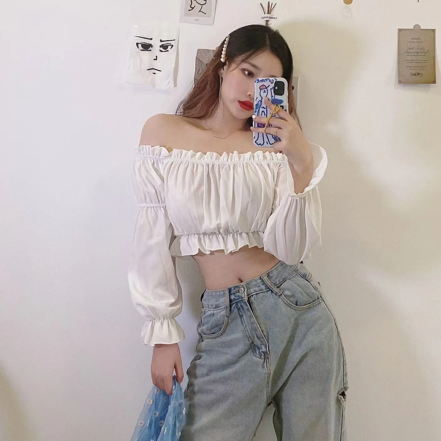 Сексуальный топ на одно плечо джинсы блузка для девочек женские элегантные