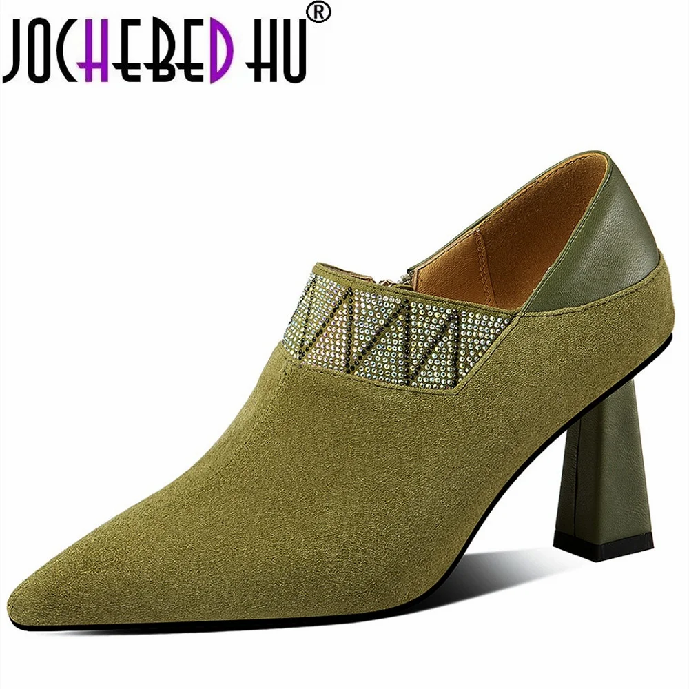 【JOCHEBED HU】 New genuine leather brand high heels two ways to wear party women personality shoes thick Spring autumn 33-41