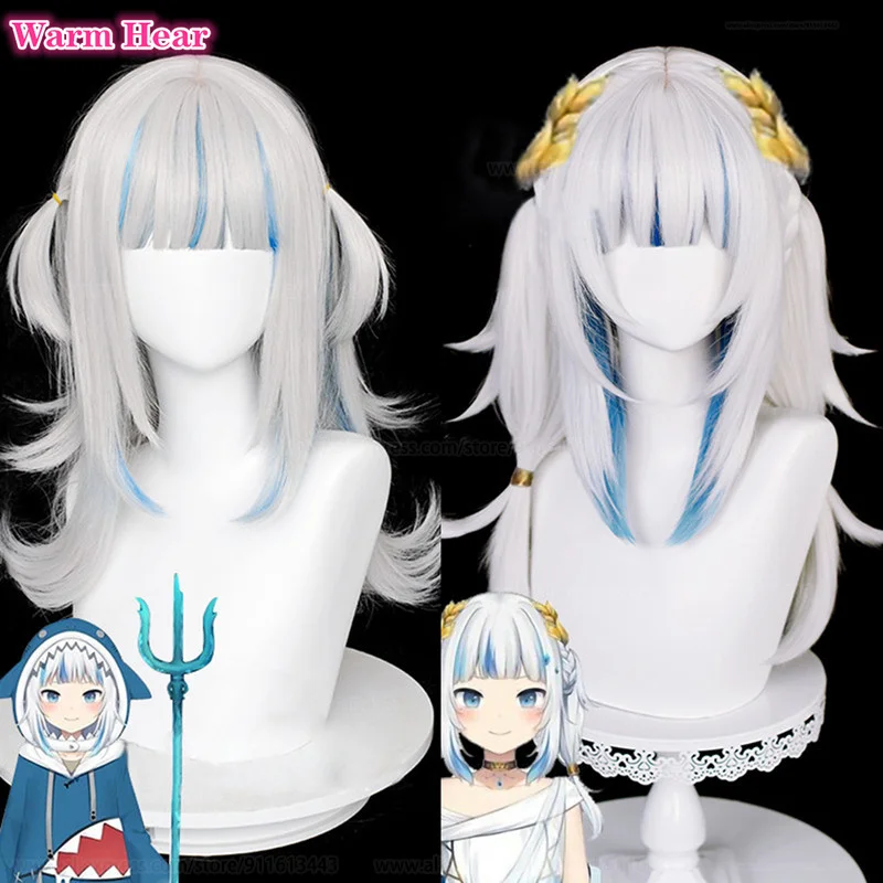 

2 Styles Gawr Gura Wig VTuber Hololive EN Cosplay Wig Long 55cm Silver Grey Heat Resistant Hair Halloween Party Wigs + Wig Cap