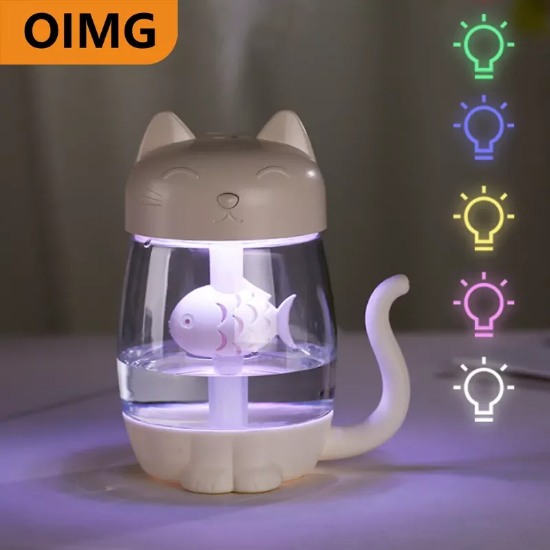 

350ML Cat Air Humidifier With Color LED Light Ultrasonic 3 In 1 Adorable Cat Eat Fish Humidificador USB Aroma Diffuser Fogger