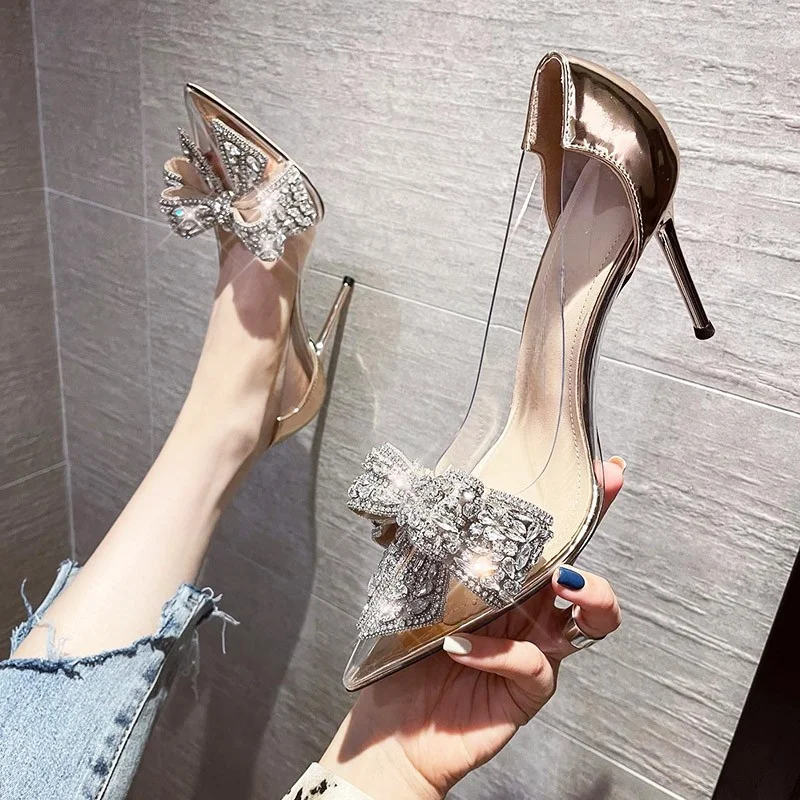 

BCEBYL 2023 New Fashion Women's Stiletto Bow Elegant Single Shoes Sexy Transparent Party High Heels Zapatos De Mujer Sandals
