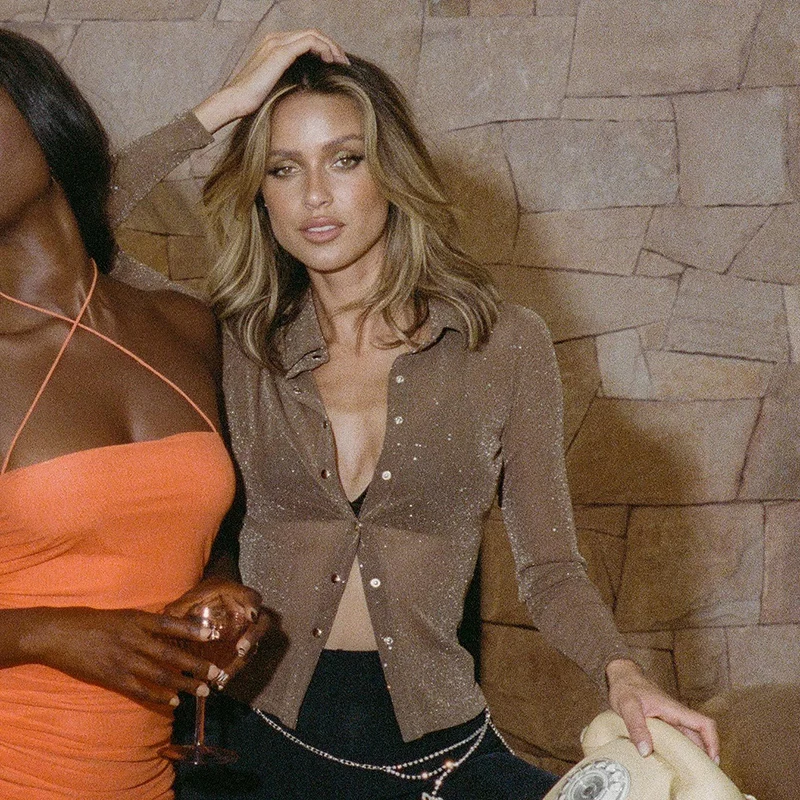 

Женский прозрачный кардиган на пуговицах, повседневный коричневый сетчатый кардиган с длинными рукавами и отложным воротником, лето 2021