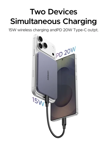 UGREEN Ультратонкий магнитный Power Bank 20W Qi2 15W 5000 мАч для быстрой беспроводной зарядки Magsafe для iPhone 17 Pro