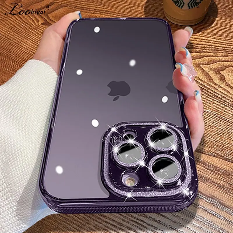 

Luxury Glitter Plating Case for iPhone 14 13 12 Pro Max 14 Plus Transparent Camera Film Protector Shockproof Bling Diamond Cover