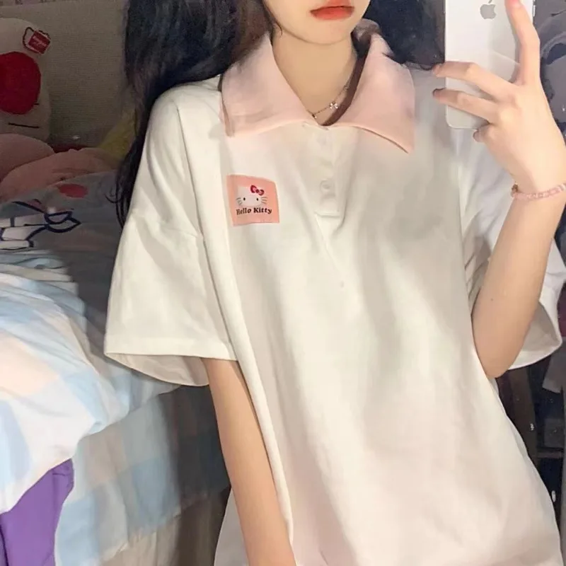 

Kawaii Preppy Style Cartoon White T-shirts Women Oversize Sweet Korean Cute Short Sleeve Top Casual Polo Tshirts