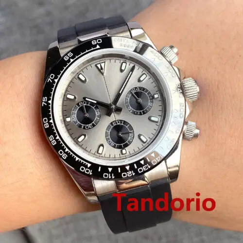 39mm Multi-Function Full Chronograph VK63 Movement Quartz Sterile Grey Dial Mens Watch Rubber Strap Oyster Bracelet Luminous