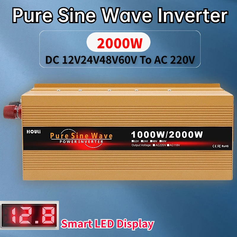 

Car Pure Sine Wave Inverter DC12V 24V 48V 60V To AC 220V LCD Smart Display 2000W Power Inverters 50HZ Solar Off Grid Converter