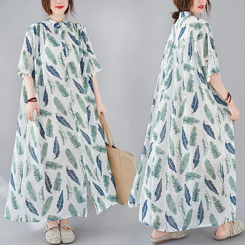

Female Print Leaves Short Sleeve Polo Collar Maxi Shirt Dress Summer Korean Vintage Casual Dress 2023 Elegant Loose Waist Dress