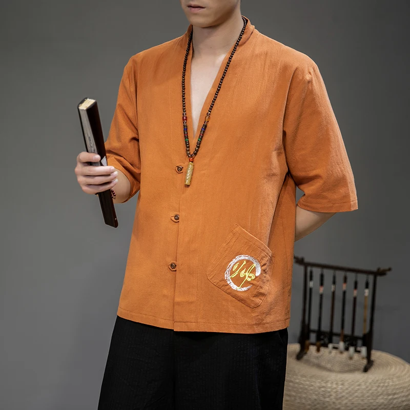 

Summer Men's Linen Embroidered Shirt Chinese Vintage Casual V-Neck Top Plus Size Solid Color Traditional Asian Tang Suit Top