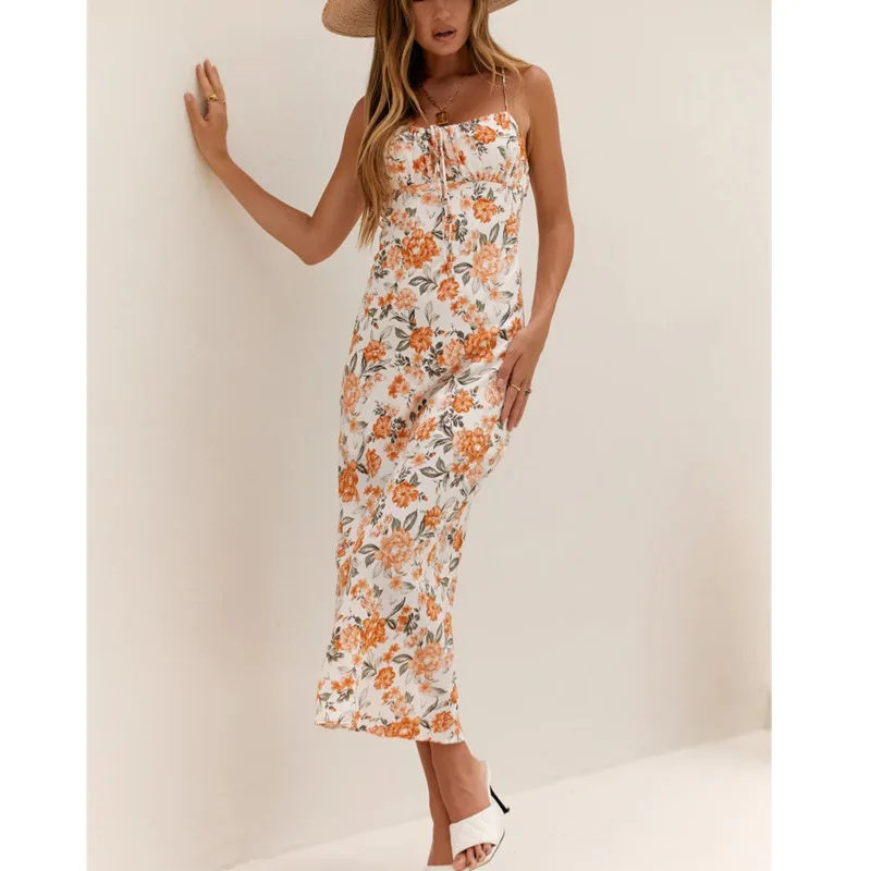 

Sleeveless Dress Women Floral Slim Maxi Long Sundress Sexy Bodycon Fresh French Prairie Girlish Sweet Dresses for Summer 2023