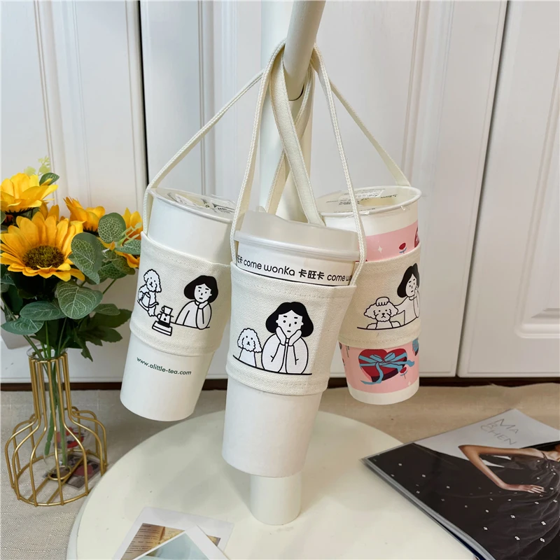 

Мультяшный принт, чашка для кофе, молока, сока, сумка, Холщовый спортивный держатель для бутылки, креативный портативный рукав для бутылки с ...