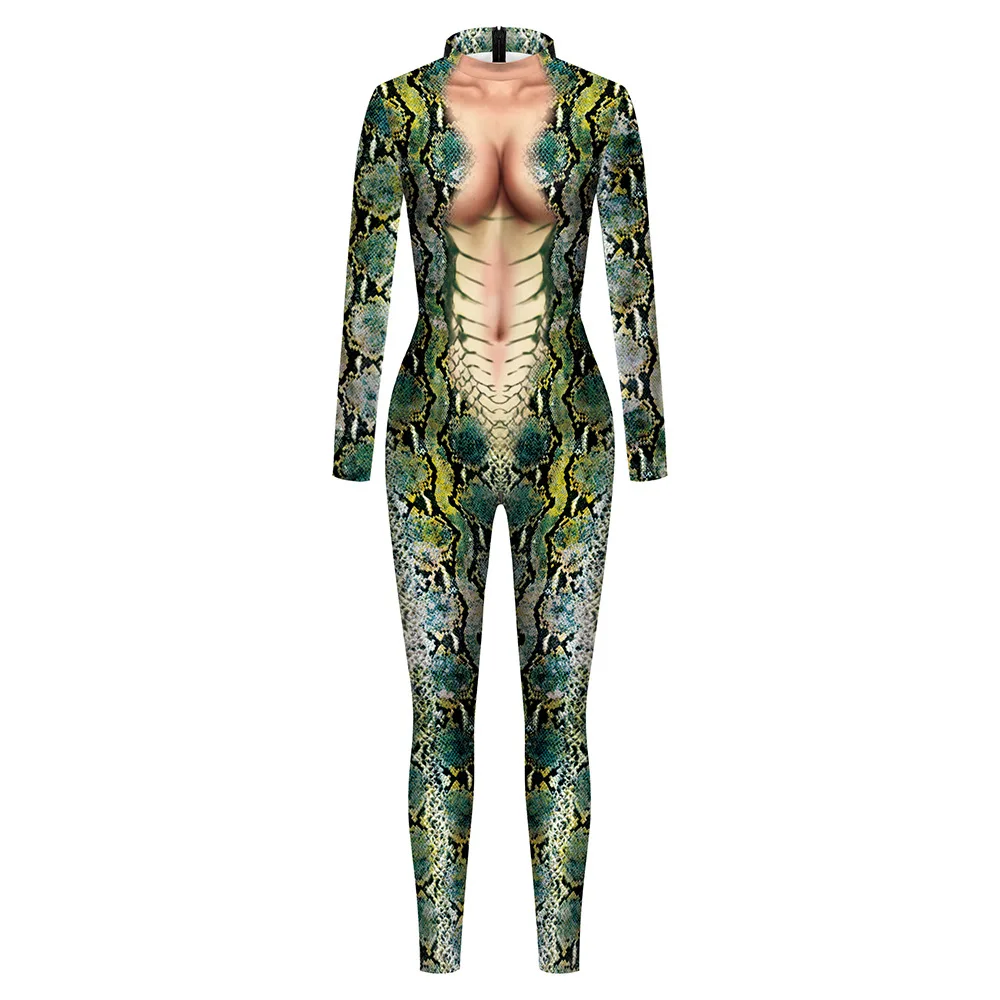 

Women Men Green Python Snake 3D Print Jumpsuit Elastic Tight Bodysuit Halloween Cosplay Costumes Party Role Play Dress Up Outfit