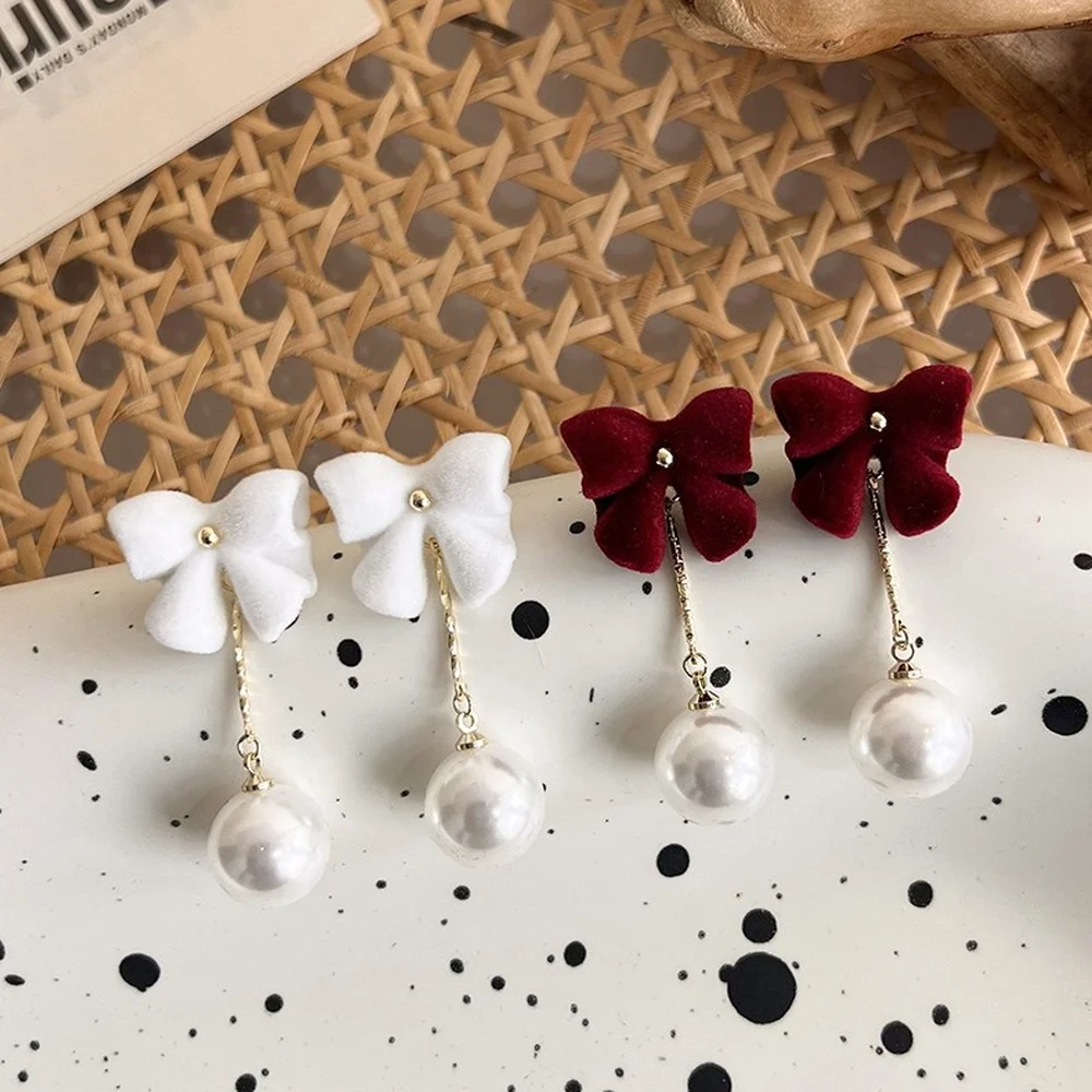 

U-Magical Fairy White Red Velour Bowknot Dangle Earring for Women Fashion Long Tassel Simulation Pearl Resin Earring Jewelry