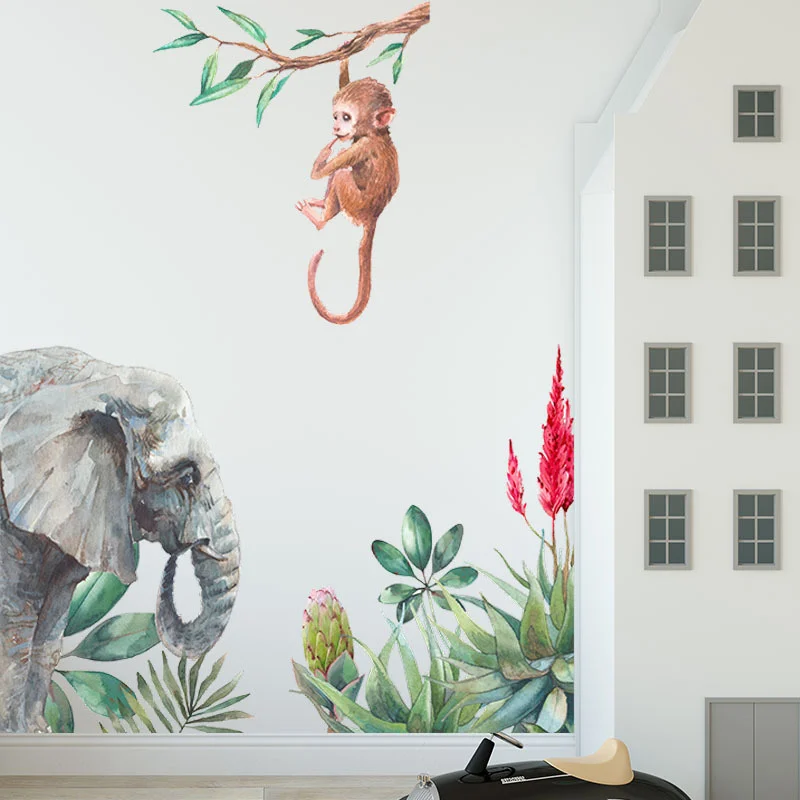 

Spring Cartoon Monkey Elephant Green Plant Wall Stickers Kid's Bedroom Porch Home Decoration Natural Pastoral Wall Stickers