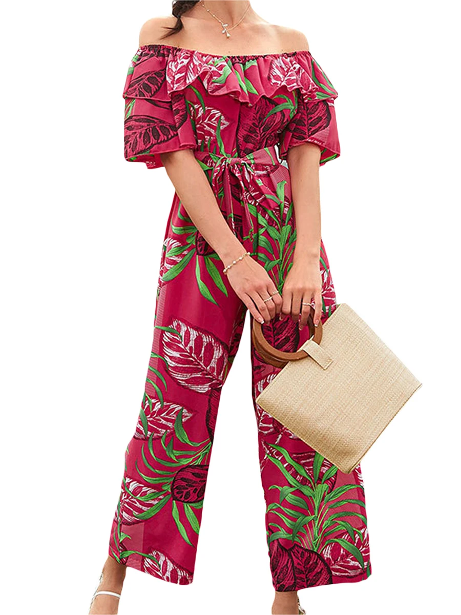

Nensiche Women Off Shoulder Jumpsuit Summer Boho Leaves Floral Print Wide Leg Pants Long Rompers Playsuits with Belt (Red L)
