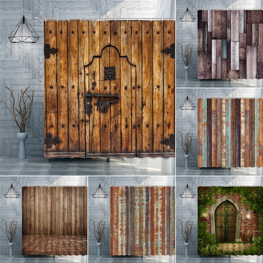 

Old Vintage Wood Door Waterproof Shower Curtains Retro Bathroom Decor Hanging Curtain Set Bath Screen Home Decoration Wall Cloth