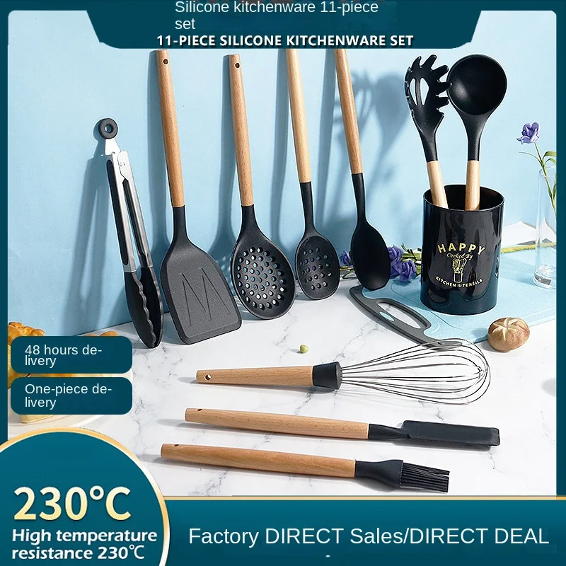 

Силиконовые кухонные инструменты, набор из 11 предметов, лопатка с деревянной ручкой, ложка для супа, устойчивая к высоким температурам, анти...