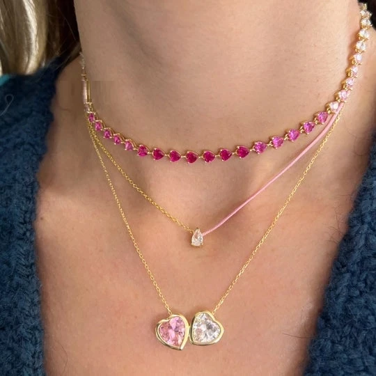 

2023 New Arrived Fashion Colorful Women Iced Out Bling Half White Half Pink Red Heart CZ Link Tennis Chain Necklace Jewelry Gift