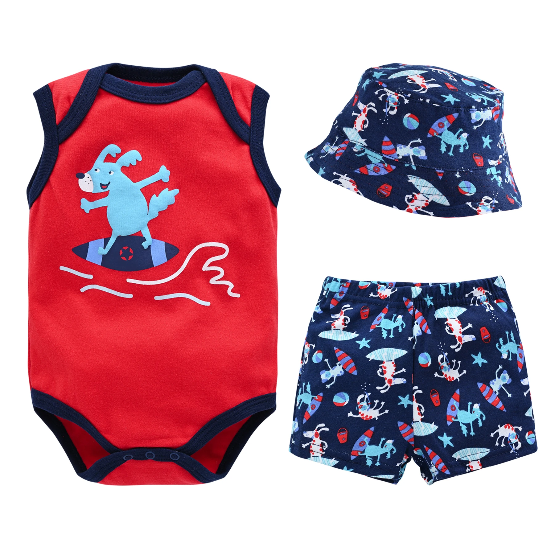 

Kavkas 3 PCS Summer Baby Clothes Set Boys Romper +Hats + Shorts Cute Printing Baby Bodysuit Outfit For Newborn Gift