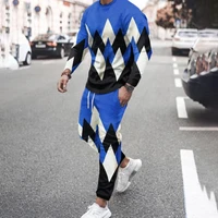 breathable summer fashion two piece mens o neck blouse drawstring trousers sportswear personality printed mens clothing