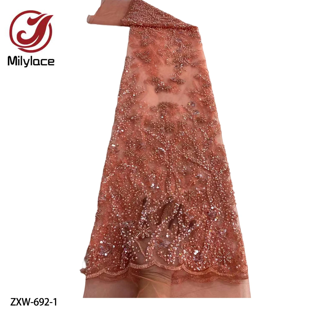 

French Beaded Lace Fabrics with Sequins African Tulle Mesh Lace Fabric Nigerian Sequence Lace for Party Wedding Sew ZXW-692