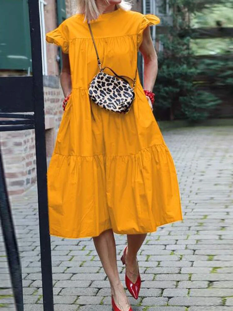 

2022 Casual Women O-neck Loose Pleated Dress Dignified Temperament Midi Party Dress Ladies Sexy Sleeveless Solid A-line Dresses