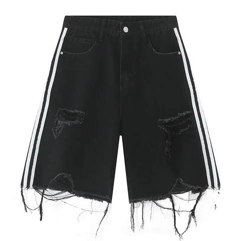 Шорты мужские рваные из денима в полоску сбоку, модные потертые джинсовые шорты с бахромой, уличная одежда в стиле Харадзюку, хип-хоп, Y2K, летние