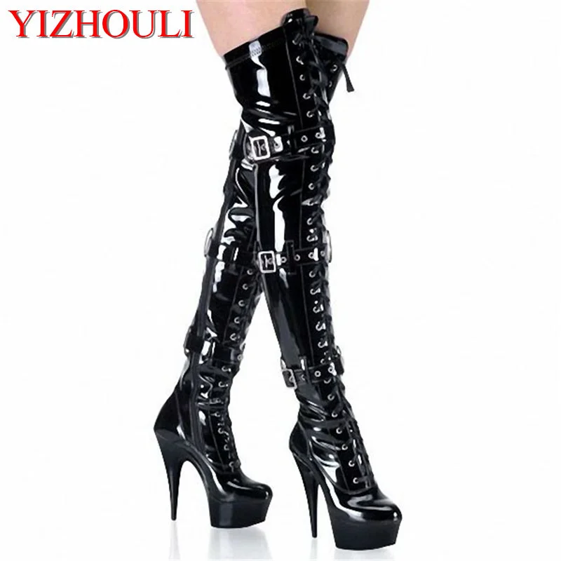 

15-23CM High-Heeled Shoes Platform Front Buckle Strap Over The Knee Boots Round Toe Boots Ladies' 6-8 Inch Sexy Thigh High Boots