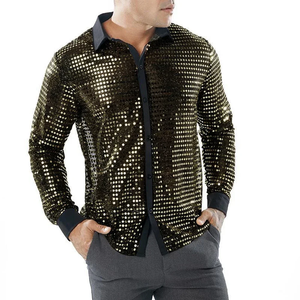 Złota M-2XL Poliester Regularna Retro 70s Disco Cekiny Koszula Błyszcząca Stylowa Zupełnie Nowa Wygodna Gorąca Męska Z Długim Rękawem