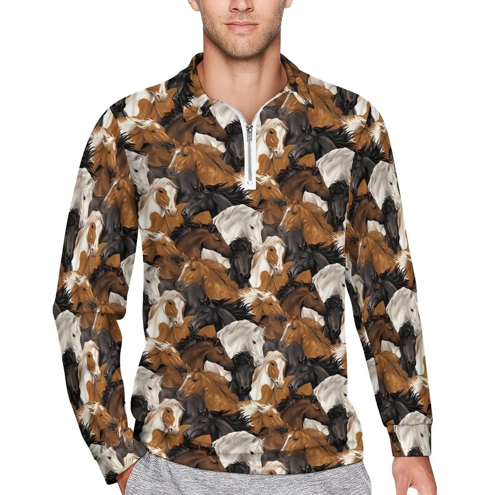 

Рубашка-поло в винтажном стиле, Повседневная футболка с рисунком лошади, с длинным рукавом, с рисунком животных, одежда в стиле оверсайз, подарок