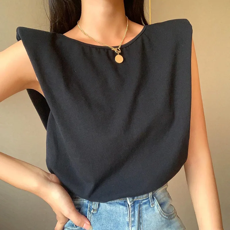 

Black Casual Shoulder Padded Elegant T Shirt Loose Women Female T-shirt Summer Fashion Round Neck Office Lady Sleeveless Tops