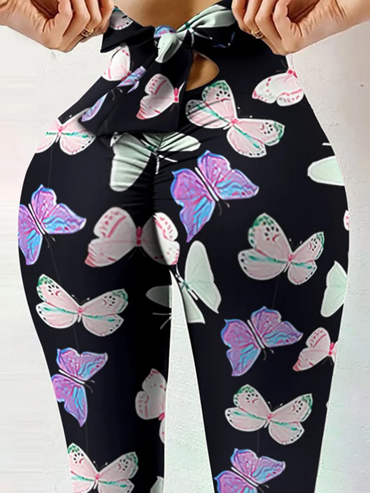 Bowknot Sports Jogging Women Leggings Printed High Elastic Skinny Sexy Gym Pants Push Up Tights Slim Jegging Fitness Leggins