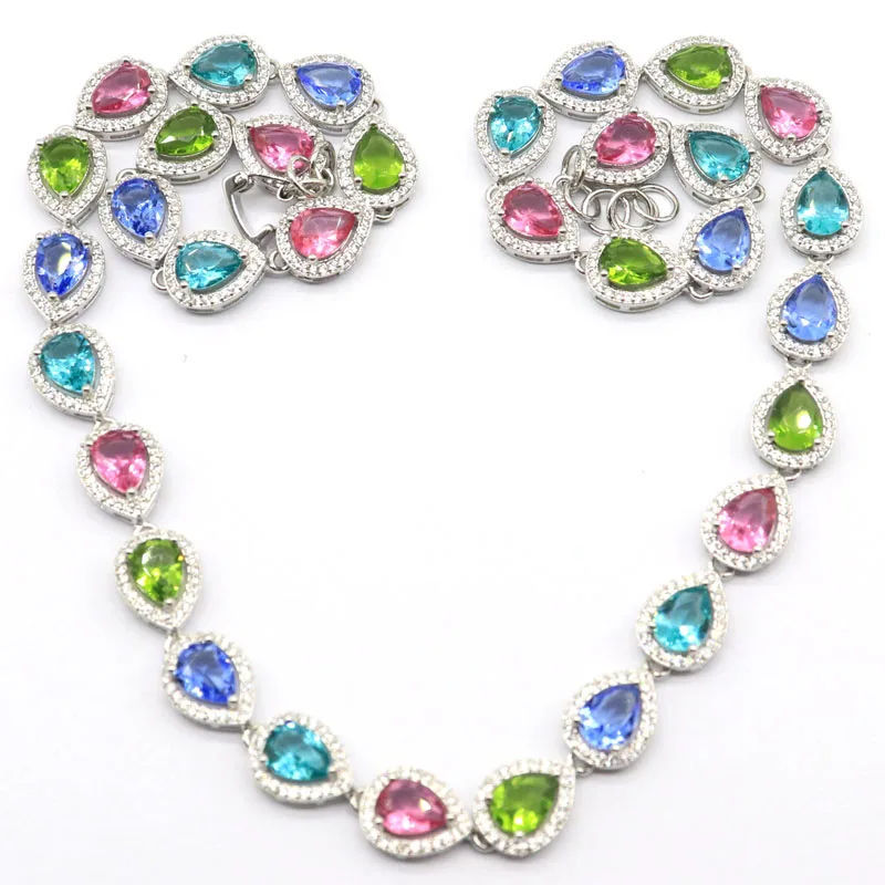 

12x10mm Multi Color Tourmaline Aquamarine Peridot Fire Rainbow Mystic Topaz Pink Kunzite CZ Silver Necklace Chain 18-19.5""