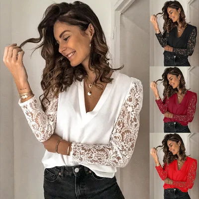 

2023 Spring/Summer Spliced Lace Long Sleeve Slim Fit Bottom Shirt for Women