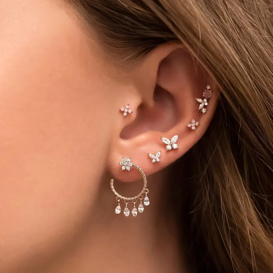 

6 Pcs Shiny Crystal Flower Butterfly Stud Earrings Set for Women Luxury Cartilage Piercing Earrings Jewlery Sets Gifts