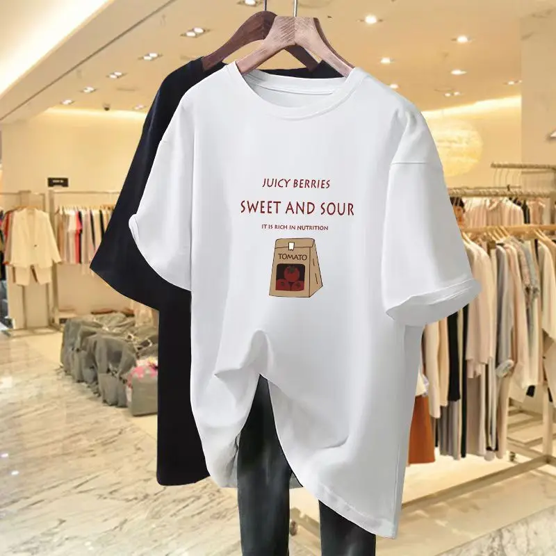 

Letter Cartoon Printed Oversized T-shirt for Women Summer Casual Simple Fashion Basic Female Tops