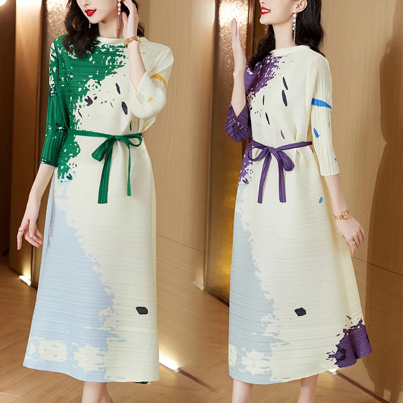 Miyake Pleated Dress Print Fashion Temperament 2022 New White Dresses Loose Casual Collar Lace-up Skirt