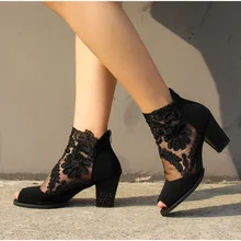 Sandalias de malla con cremallera para mujer, zapatos de tacón alto cuadrado, Sexy, de encaje, Punta abierta, talla grande 42
