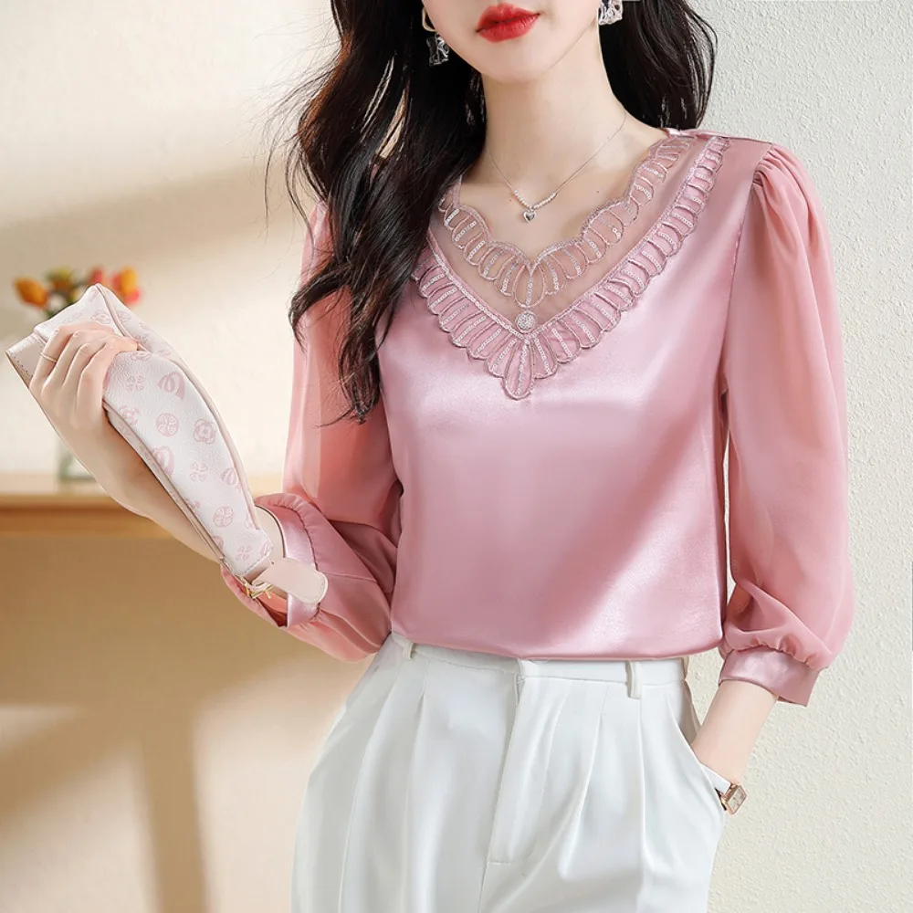 Эластичная Кружевная Лоскутная Блузка С Блестками Рукава Средней Длины