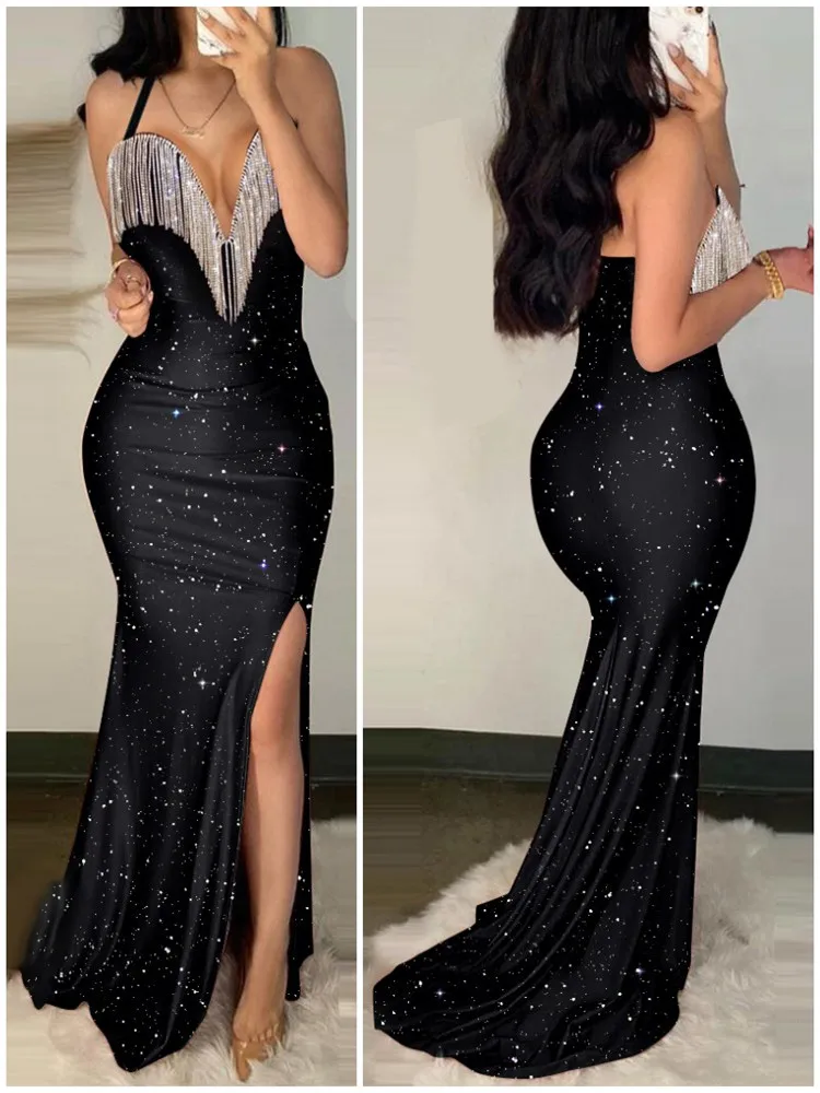 

2023 Fashion Dresses For Women Twisted Off Shoulder Split Thigh Glitter Mermaid Dress Y2k Vestido Mujer Casual Elegant Maxi Robe