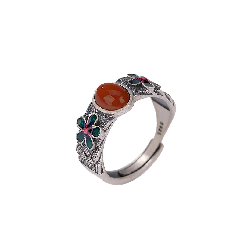 

S925 Sterling Silver Southern Red Vintage Old Cloisonne Flower Woven Ring Temperament Plum Blossom Open Finger Ring