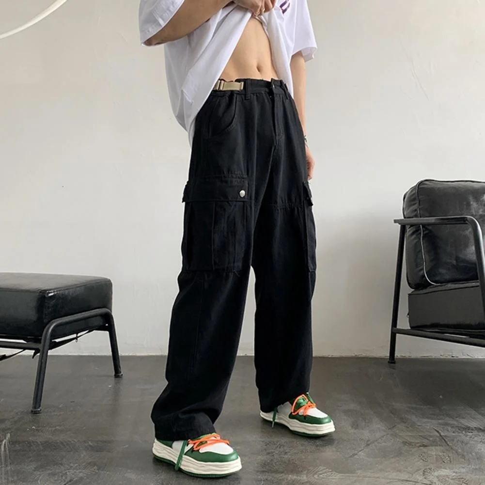 

Summer Men Cargo Pants Solid Color Multi Pockets Hip Hop Vintage Relaxed Fit Loose Pants Casual Trousers for Sports Streetwear