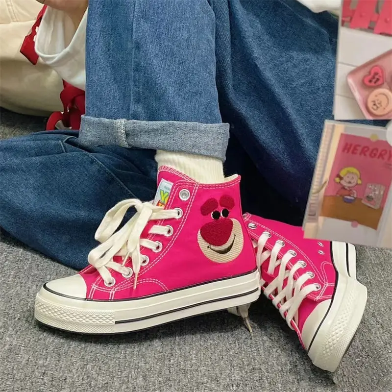 

Disney toy story Lotso Anime Breathable lace up casual women's shoes Sweet cartoon strawberry bear high top canvas shoes