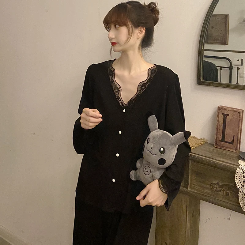 Black Lace Pajamas Spring and Autumn Women's Long Sleeve Pure Cotton Thin V-neck Home Clothes 2022 New Suit Casual