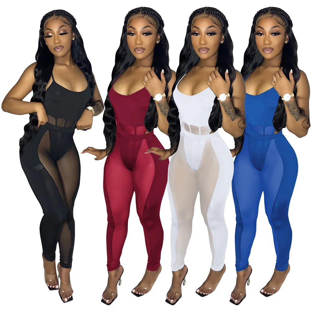 

Sexy Club Two Piece Set 2022 Summer Women Mesh Splicing Sling Bodysuit Hollow Sheer Legging Pants Matching Set Streetwear Outfit
