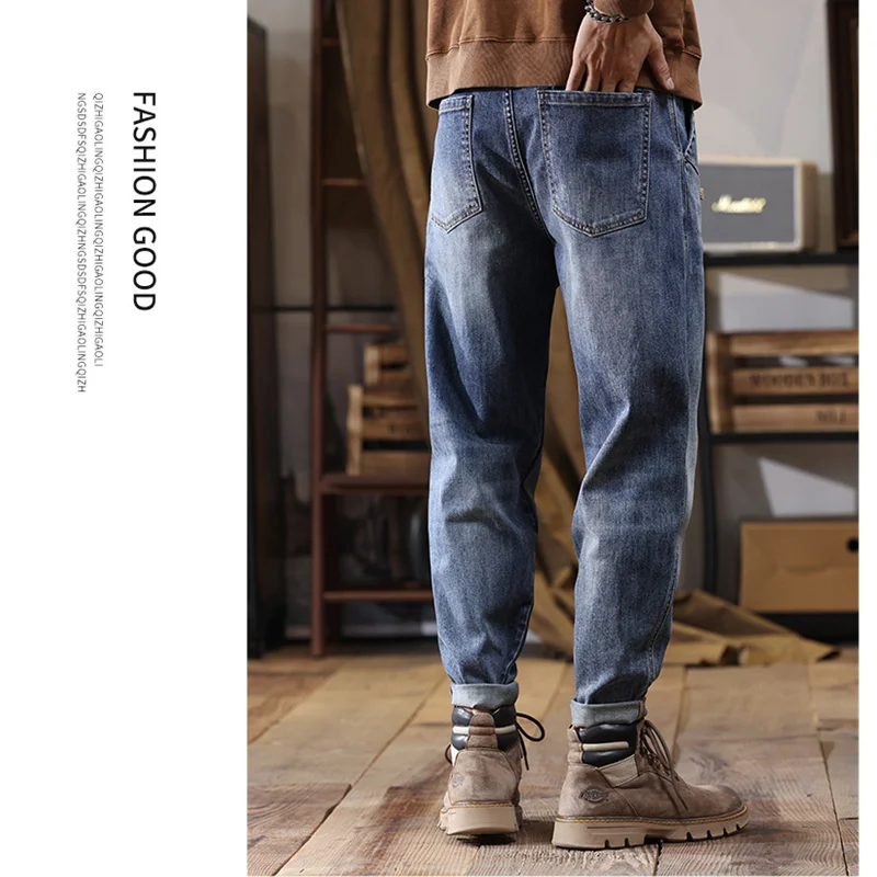 Streetwear Men New Pattern Recreational Vintage Nostalgia Blue Jeans Straight Cylinder Loose Trousers Autumn and Winter Female